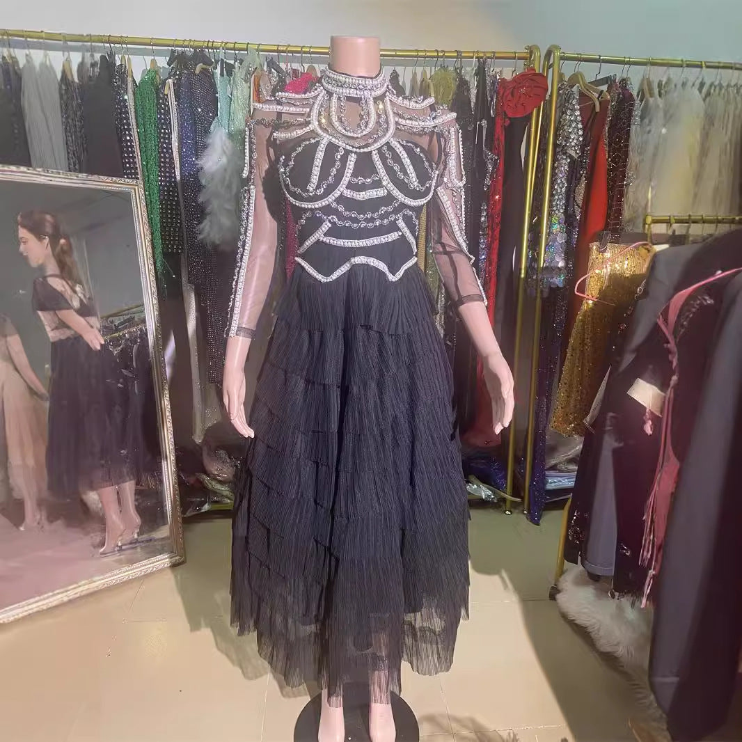 Beaded Mesh Long Sleeve Diamond Slim Dresses