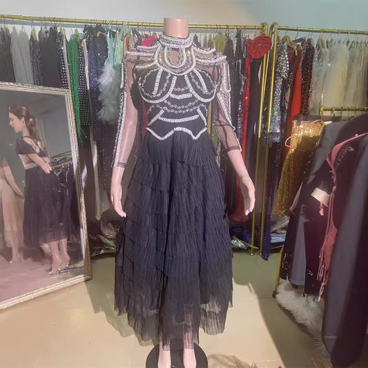 Beaded Mesh Long Sleeve Diamond Slim Dresses