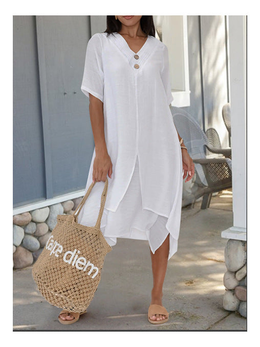 Women's Woven Cotton Linen Split Artistic Dress