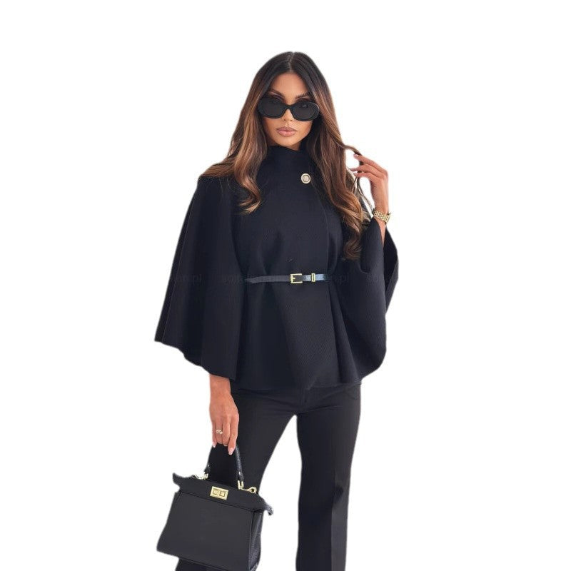 Women's Solid Color Waist Tight Strap Woolen Coats