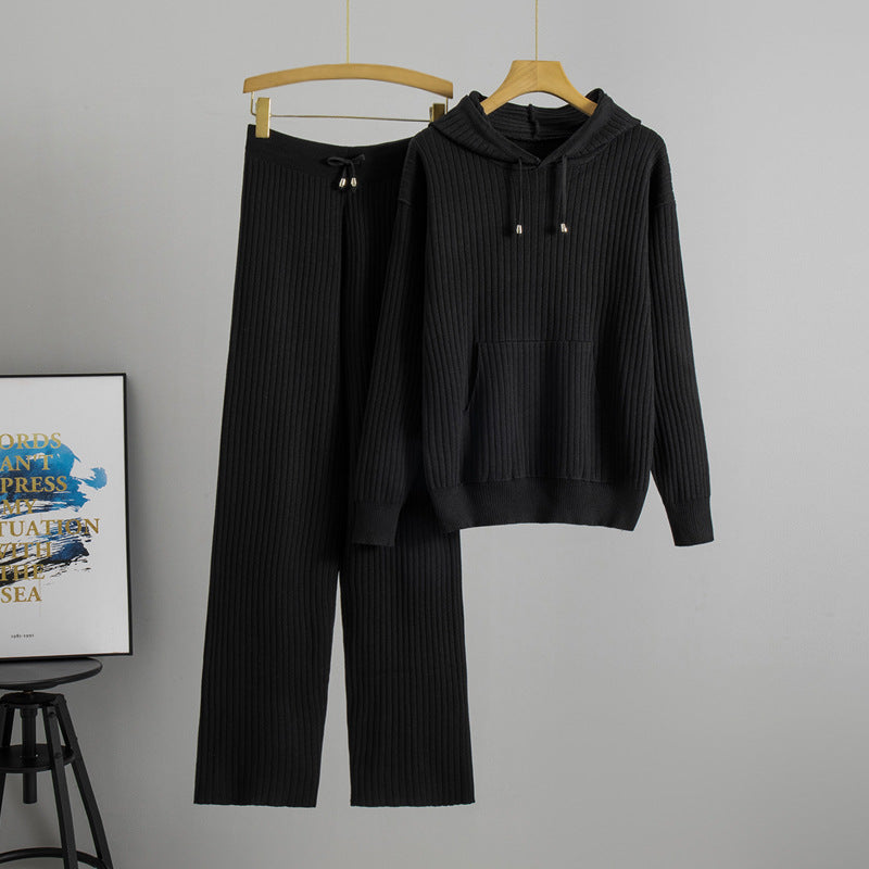 Women's Hooded Knitted Sunken Stripe Two-piece Fashion Casual Suit