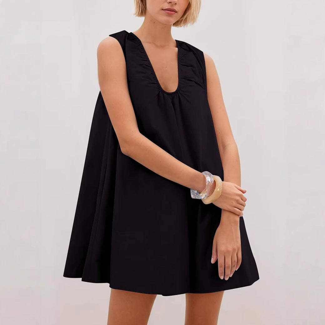 Fashionable Commuter Pleated Loose A- Line Sleeveless Solid Color Dress