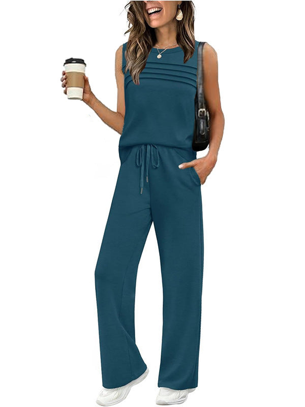 Trendy Glamorous Women's Pleated Two-piece Set Vests