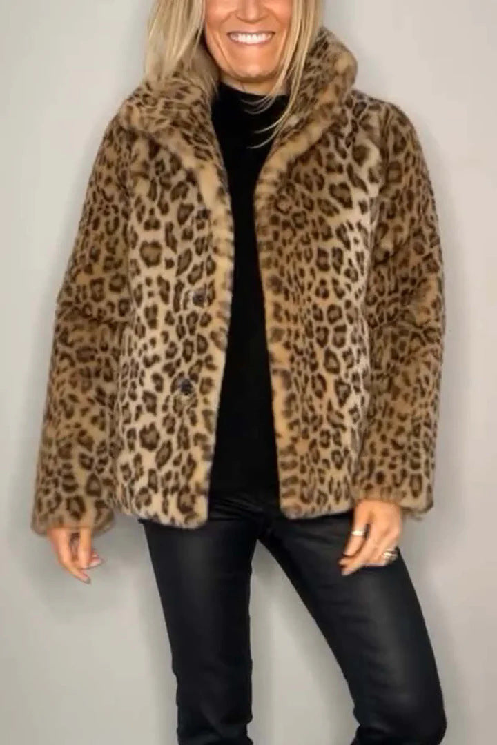 Women's Winter Fashionable Leopard Print Lapel Imitation Coats