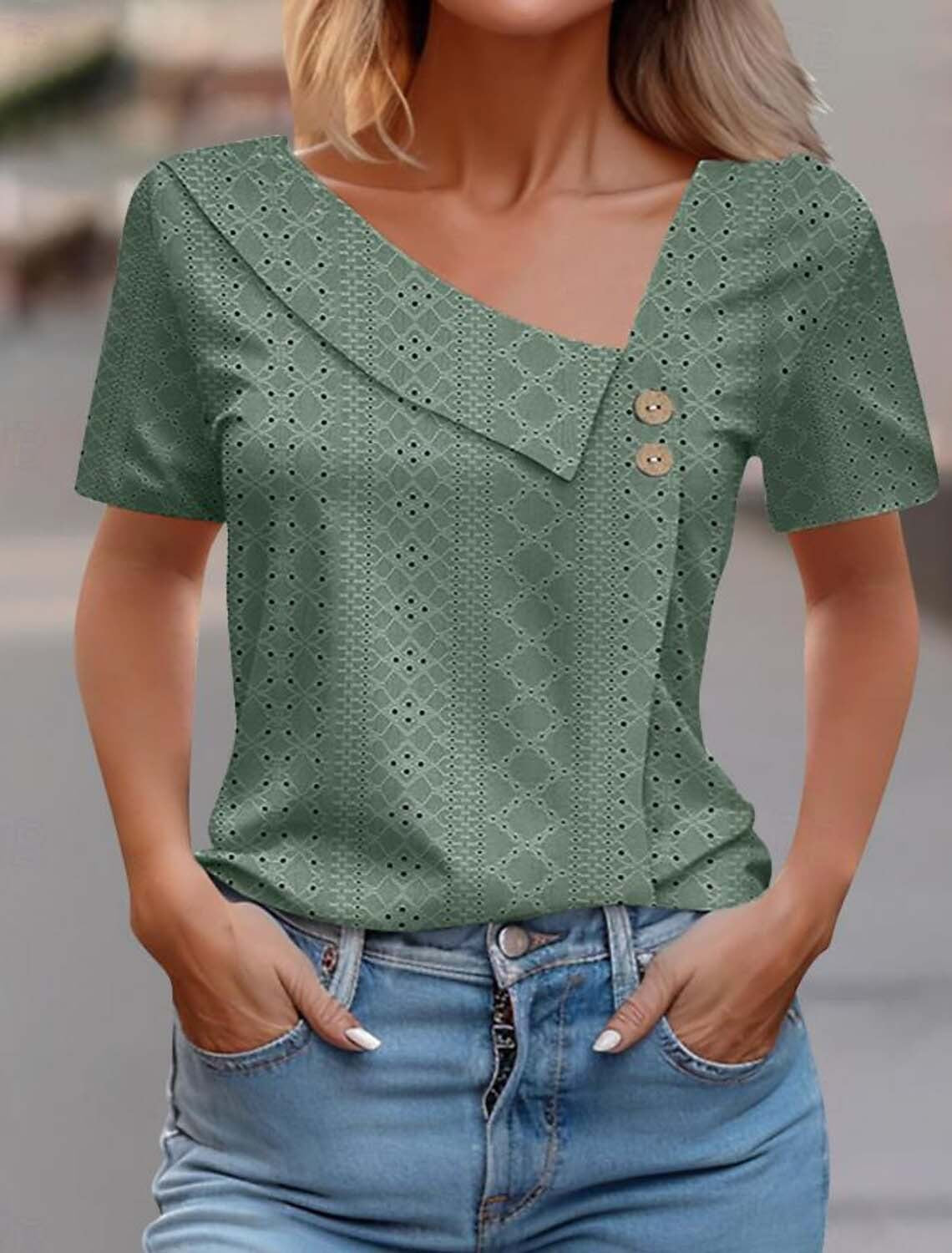 Summer Button Solid Color Loose Sleeve Blouses