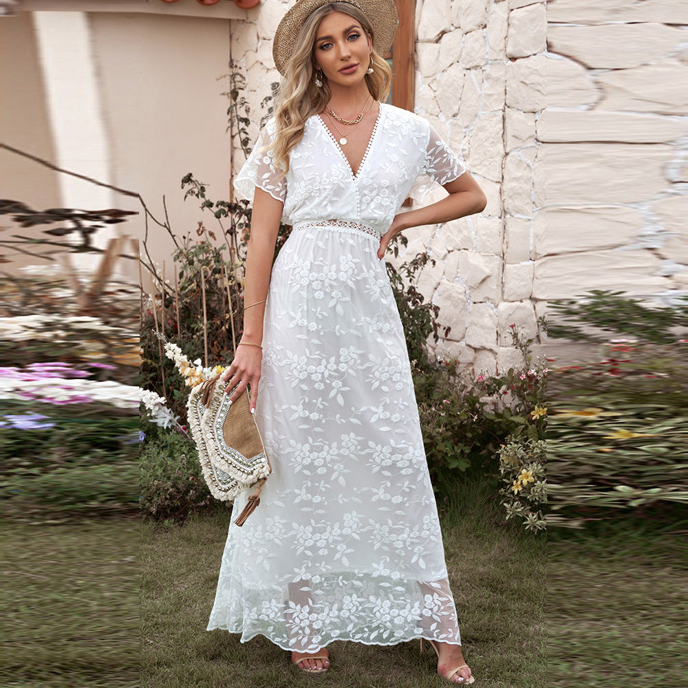 Women's Summer Lace Crocheted Dress Solid Color Clothing