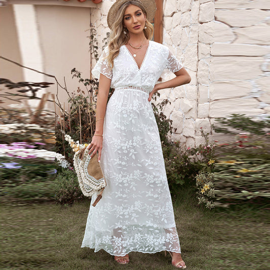 Women's Summer Lace Crocheted Dress Solid Color Clothing