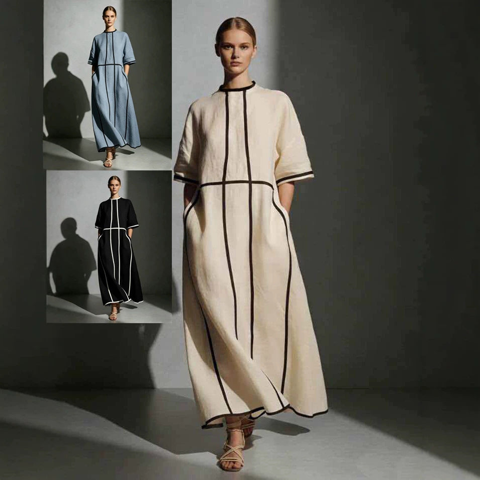 Women's Summer Round Neck Pocket Line Loose Dress