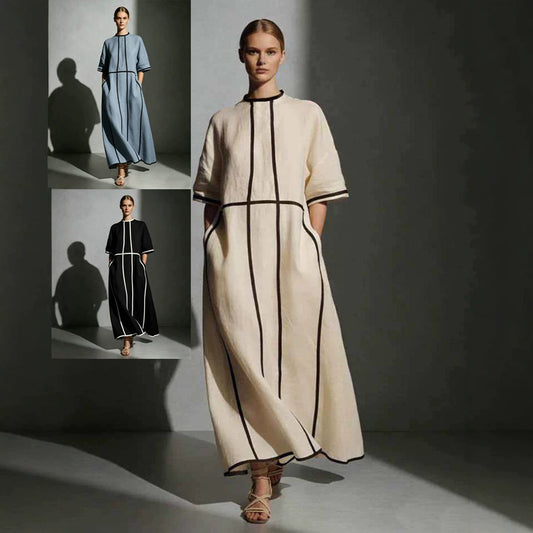 Women's Summer Round Neck Pocket Line Loose Dress
