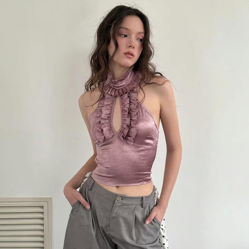 Retro Halter Fashion Lace Silk Hollow Tops