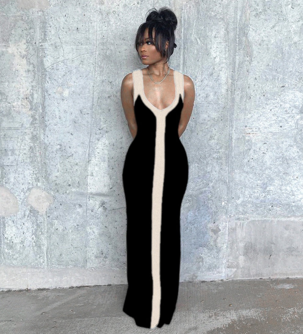 Women's Wide Shoulder Strap Contrast Color Elegant Dresses