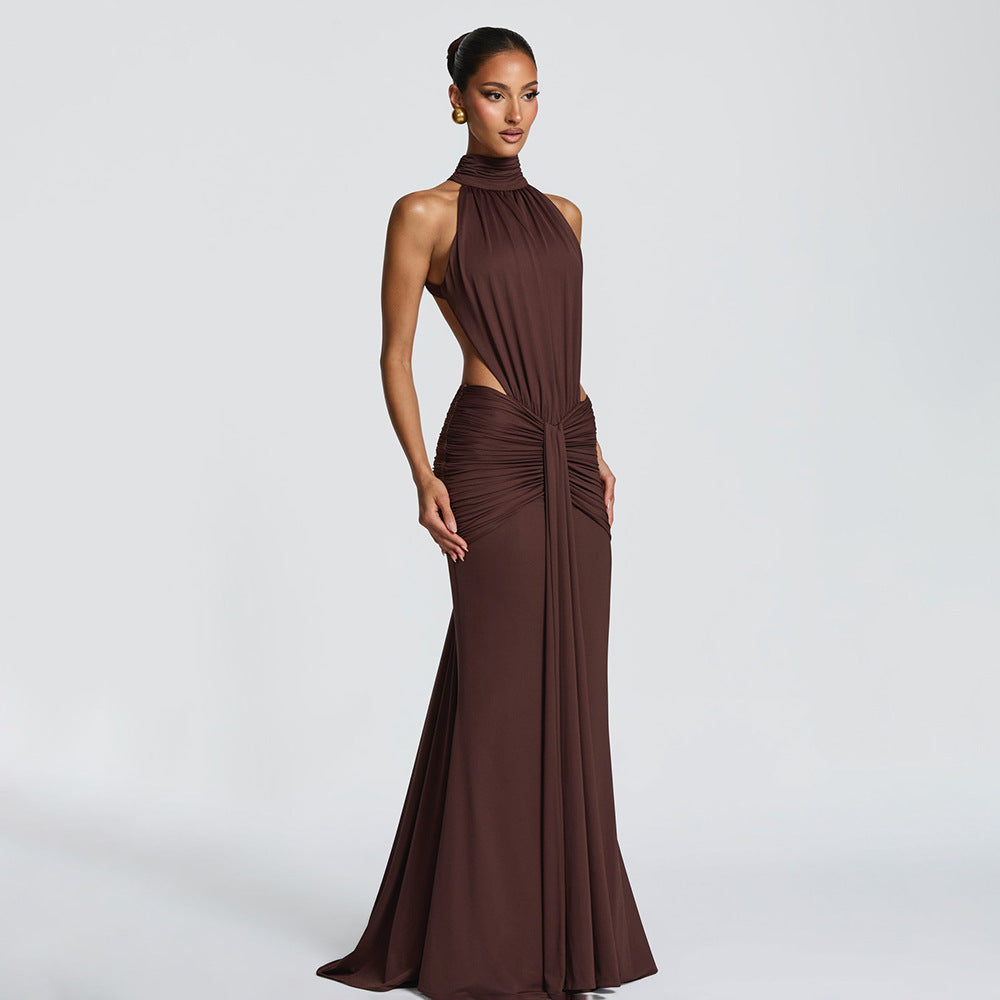Women's Temperament Pure Color Banquet Long Sexy Backless Slim Fit Dress