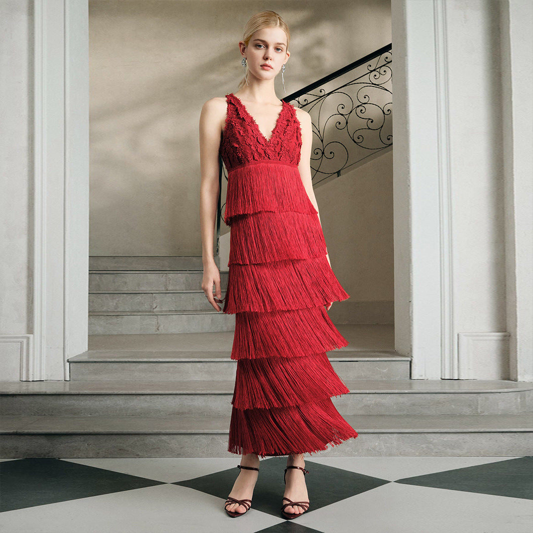 Women's Red Lace Decorated Bandage One-piece Tassel Layered Mid-length Dress