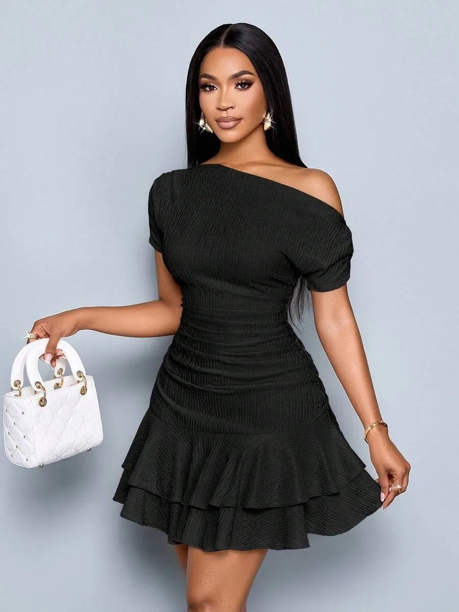 Women's Summer Solid Color Oblique Shoulder Ruffled Dress