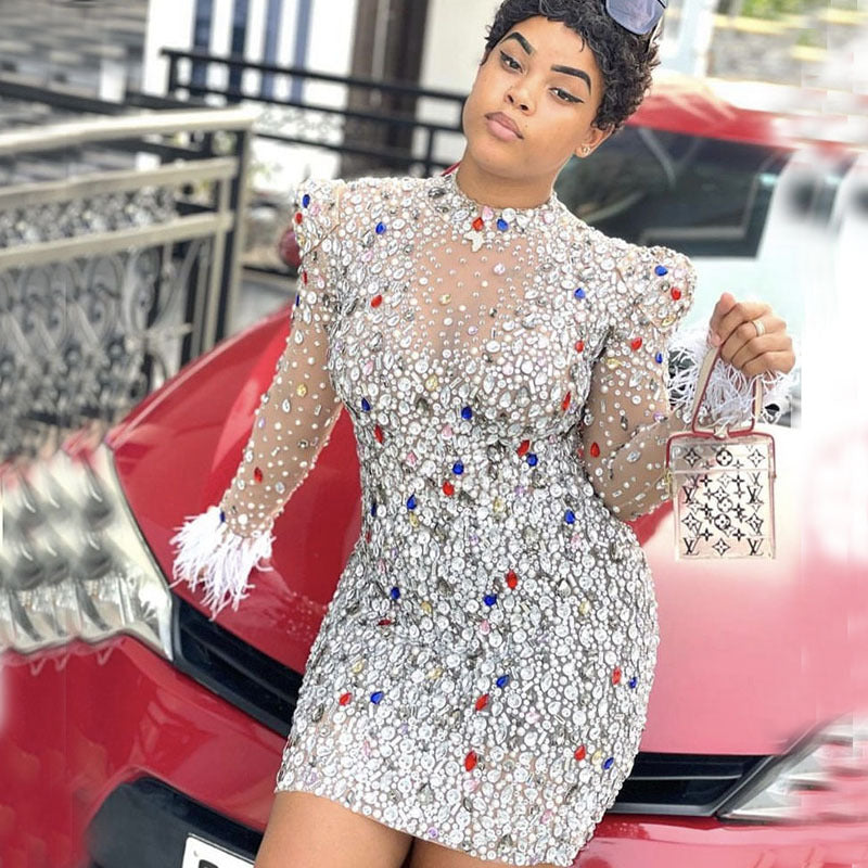 Rhinestone Mesh Stretch African Sexy Slim Dresses