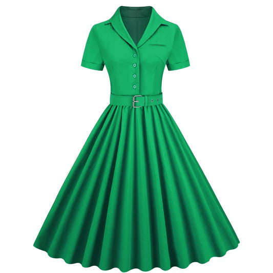 Women's Summer Retro Solid Color Wide Hem Dresses