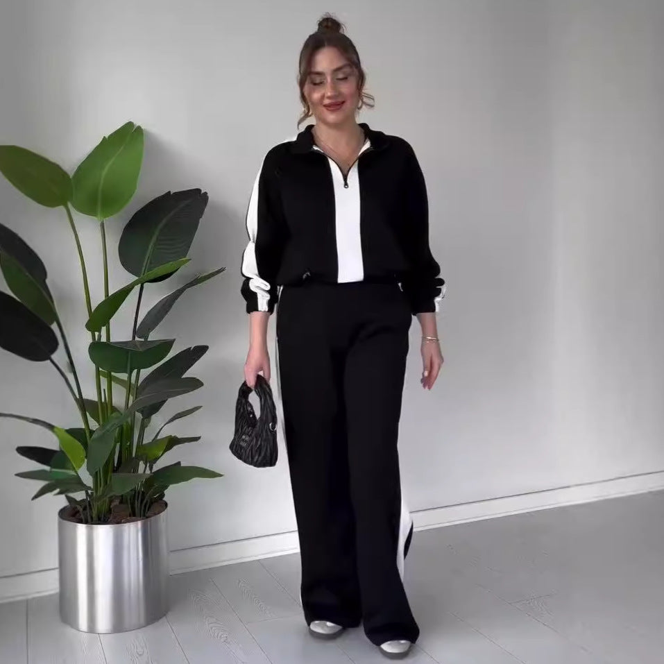 Women's Autumn Fashion Color Contrast Idle Style Casual Suits