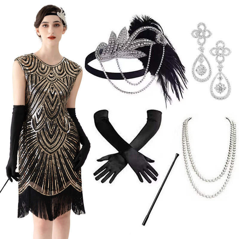 Vintage Sequined Tassel Dress Party Dance Evening Dresses
