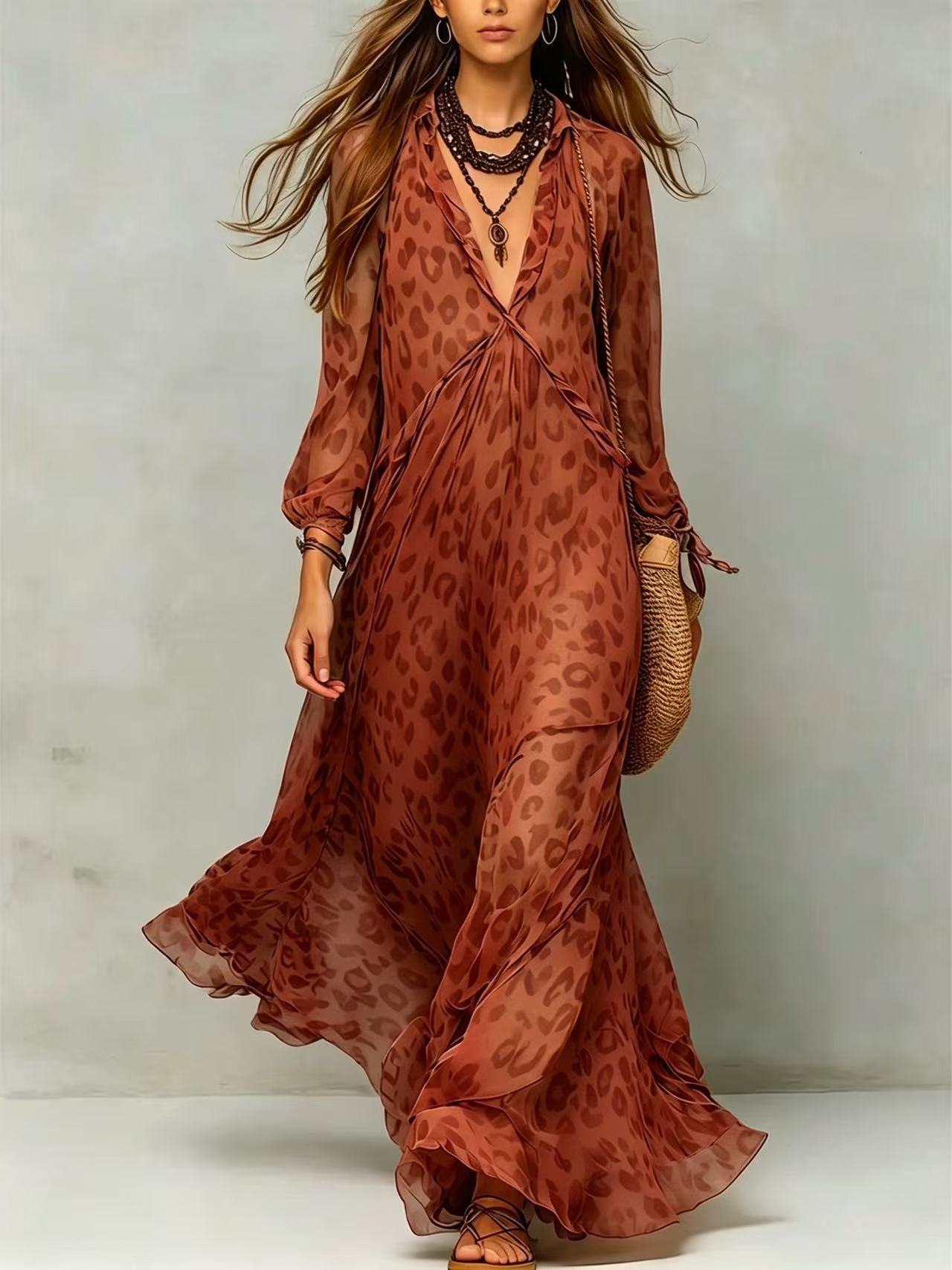Women's Leopard Print Chiffon Long Sleeve Deep Dress