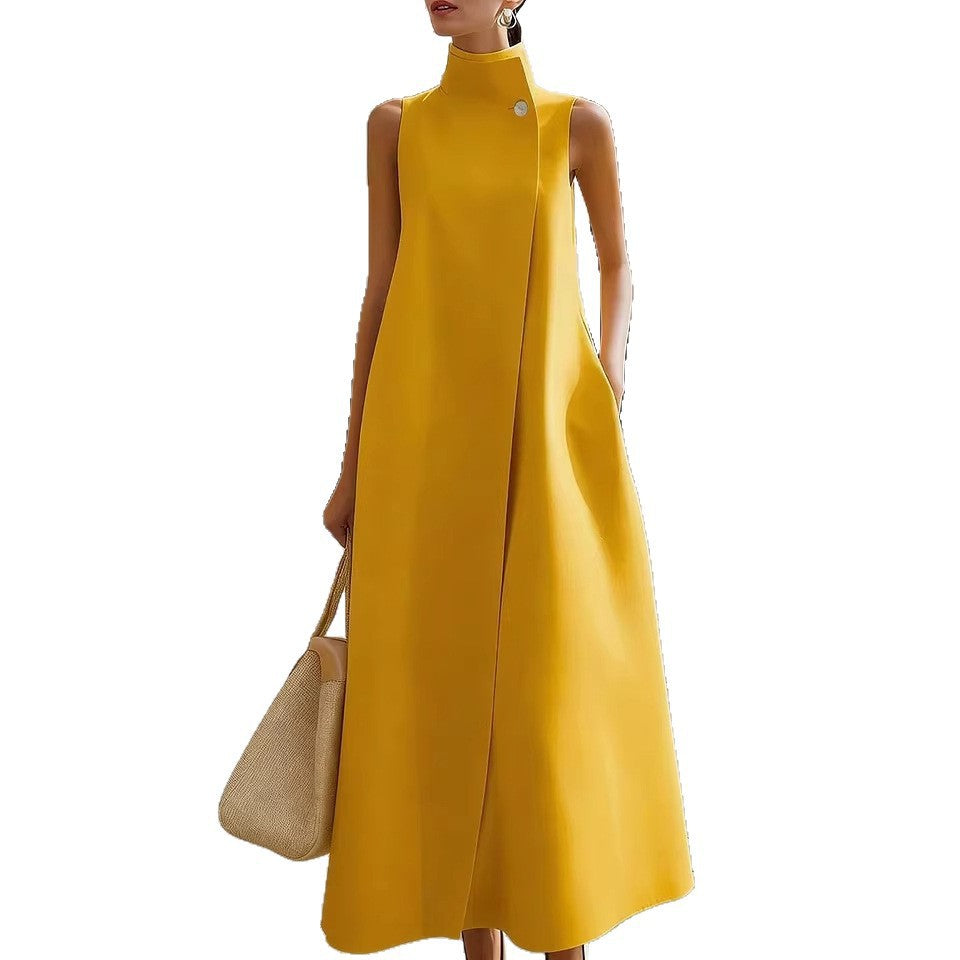 Elegant Commuter Stand Collar One Button Solid Color Dress