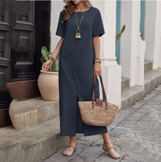 Women's Summer Cotton Linen Solid Color Loose Round Neck Sleeve Dress