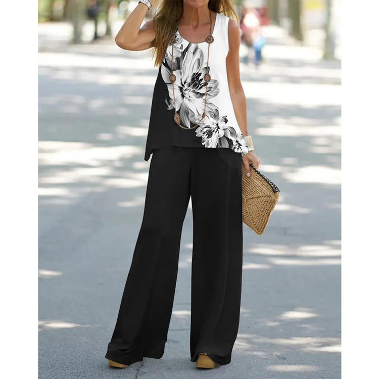 Women's Summer Printed Sleeveless Elastic High Waist Fashion Casual Suit