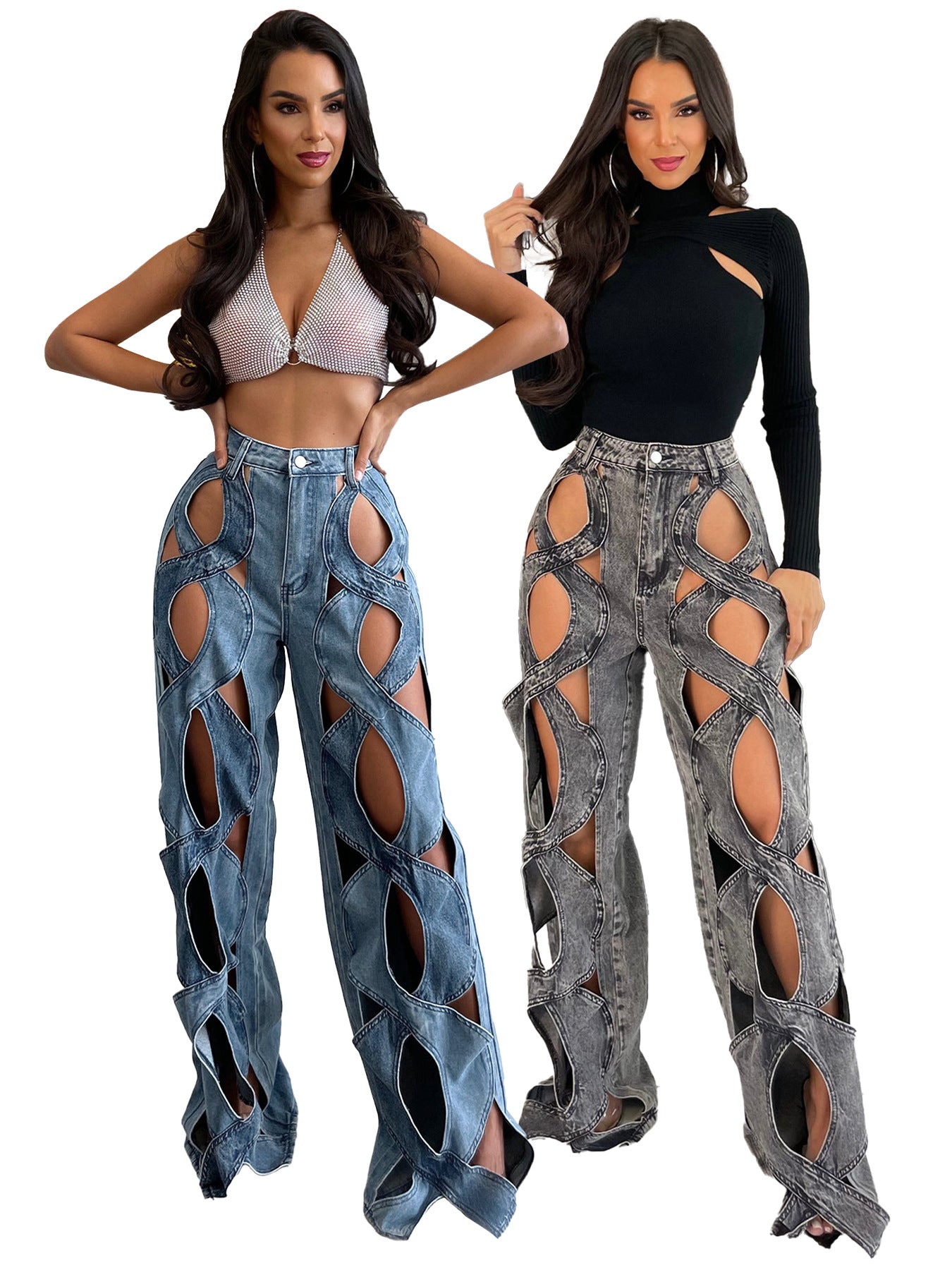 Women's Stretch Denim Fabric Personalized Twist Hollow Jeans