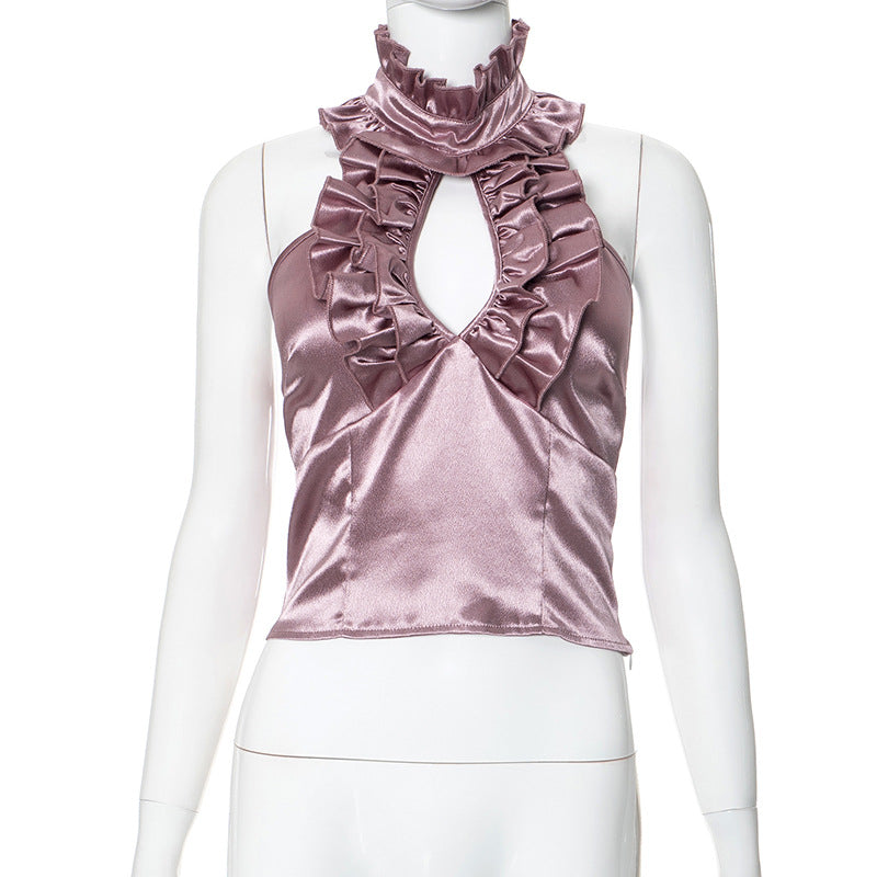 Retro Halter Fashion Lace Silk Hollow Tops