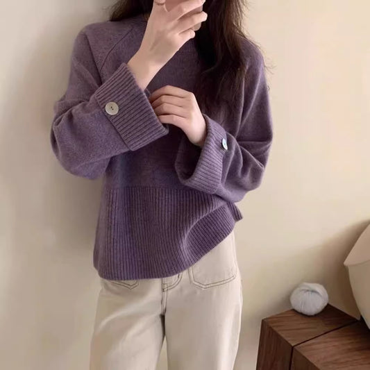 Women's Round Neck Pullover Thickened Niche Design Button Long Tops