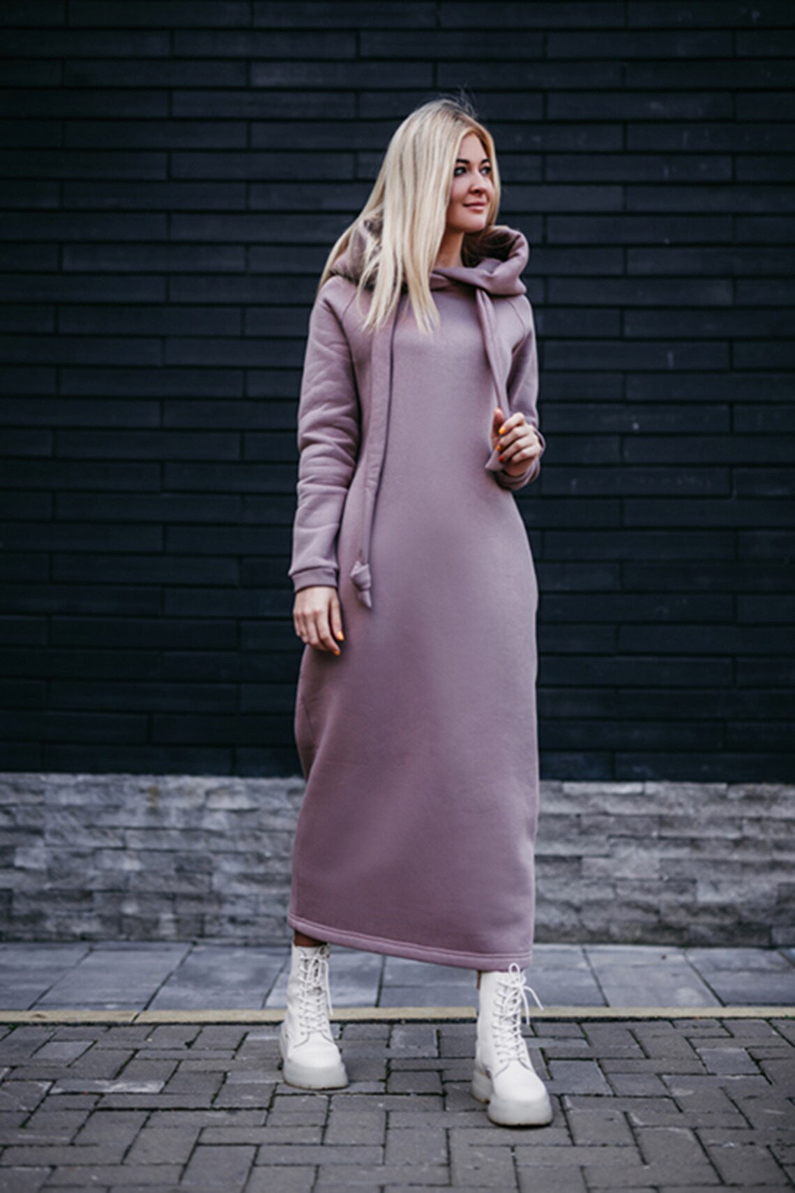 Oversized Knit Hooded Brushed Hoody Casual Fashion Stitching Dress