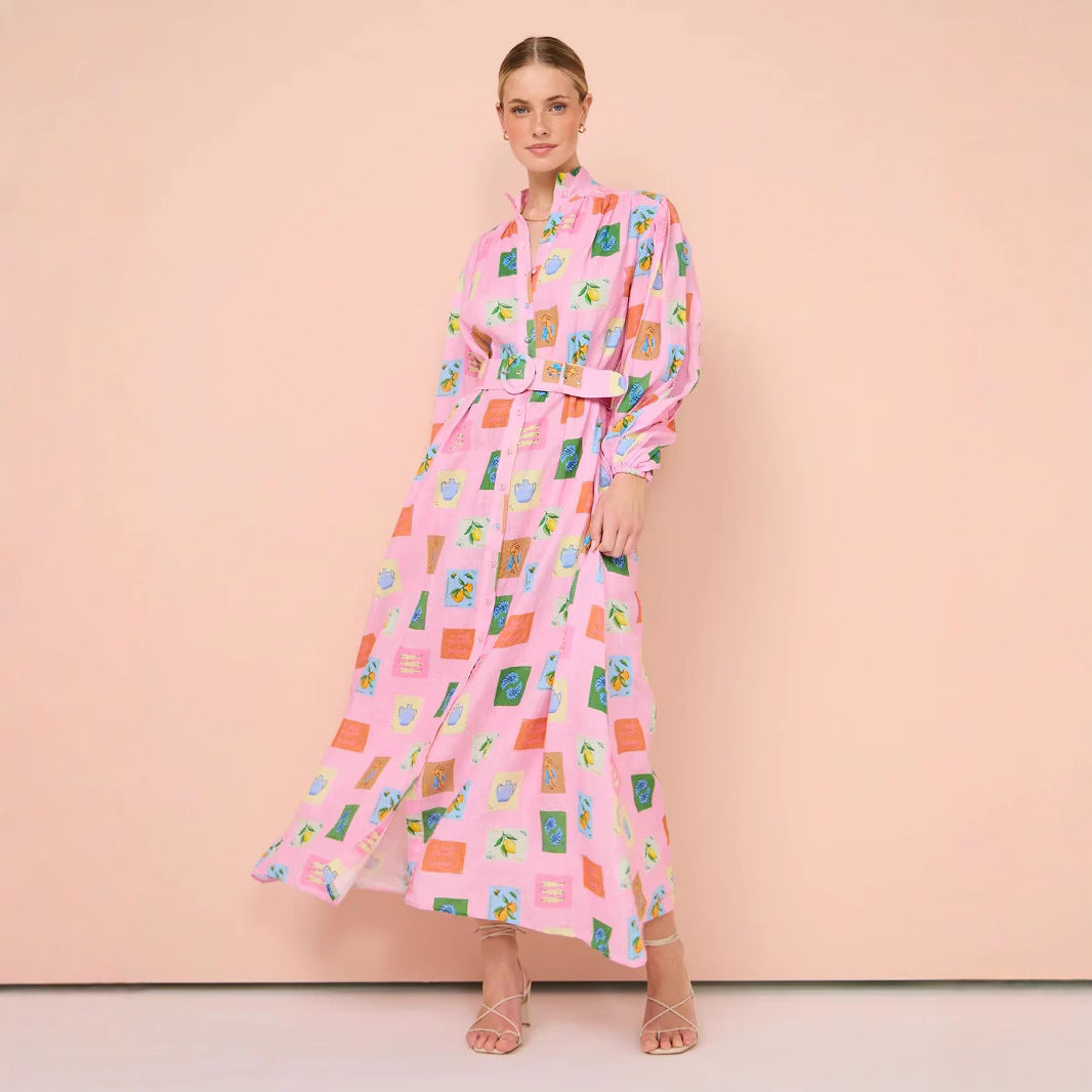 Long Casual Lantern Sleeve Fashion Printing Dress