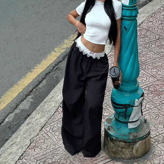 Women's Style Casual Lace Contrast Color Waist Loose Trousers Pants