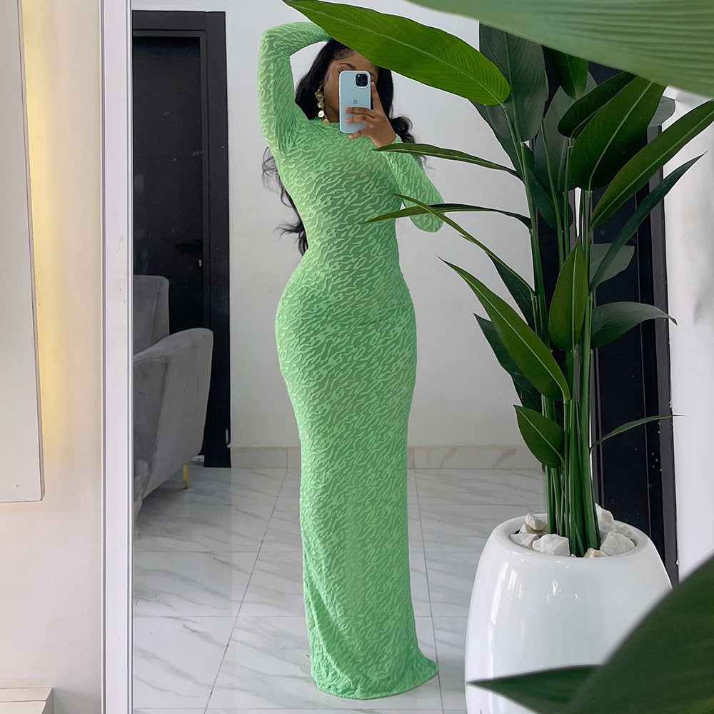 Women's Neck Long Sleeve Flocking Slim Fit Dresses