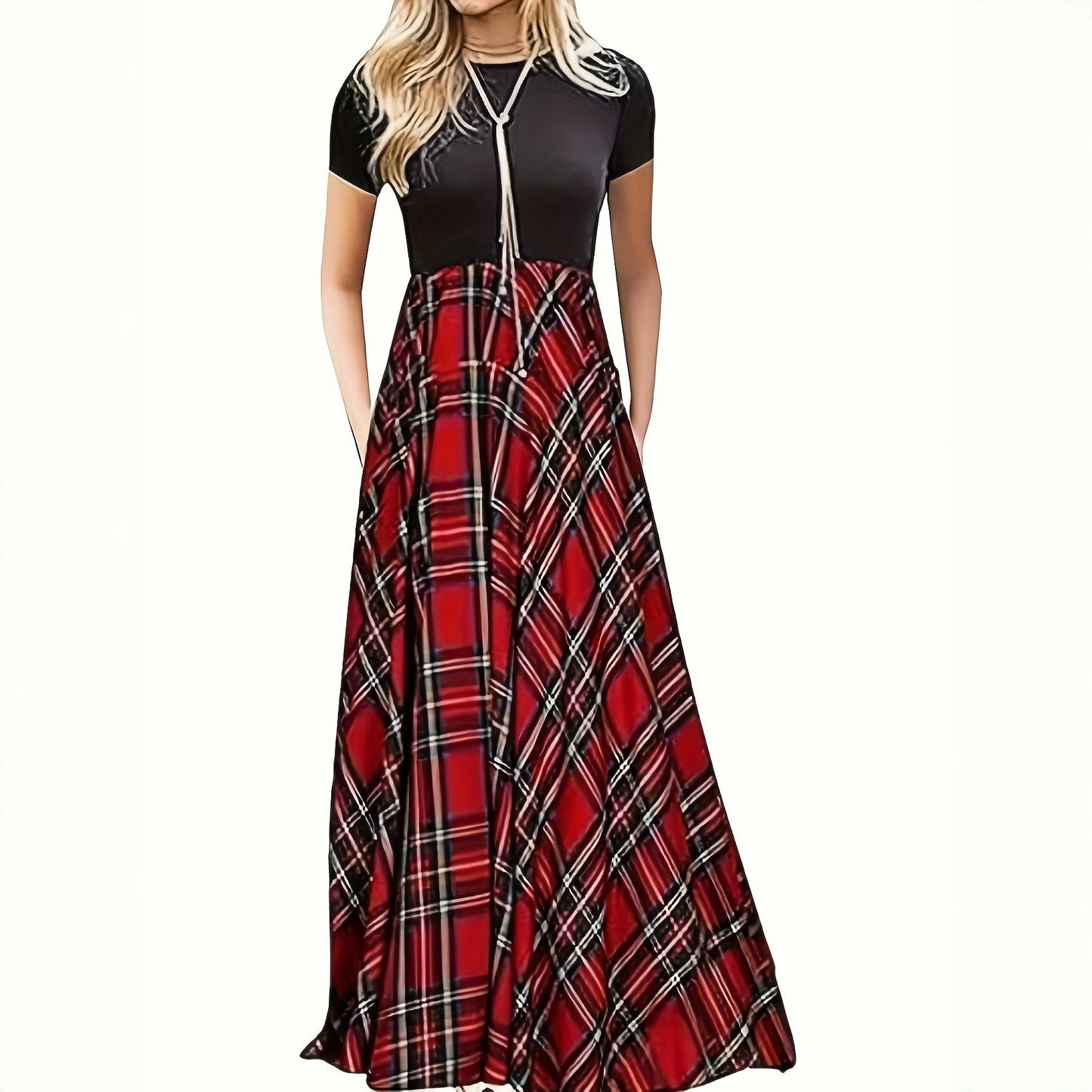 Women's Neck Stitching Contrast Color Check Fashion Casual Swing Dress