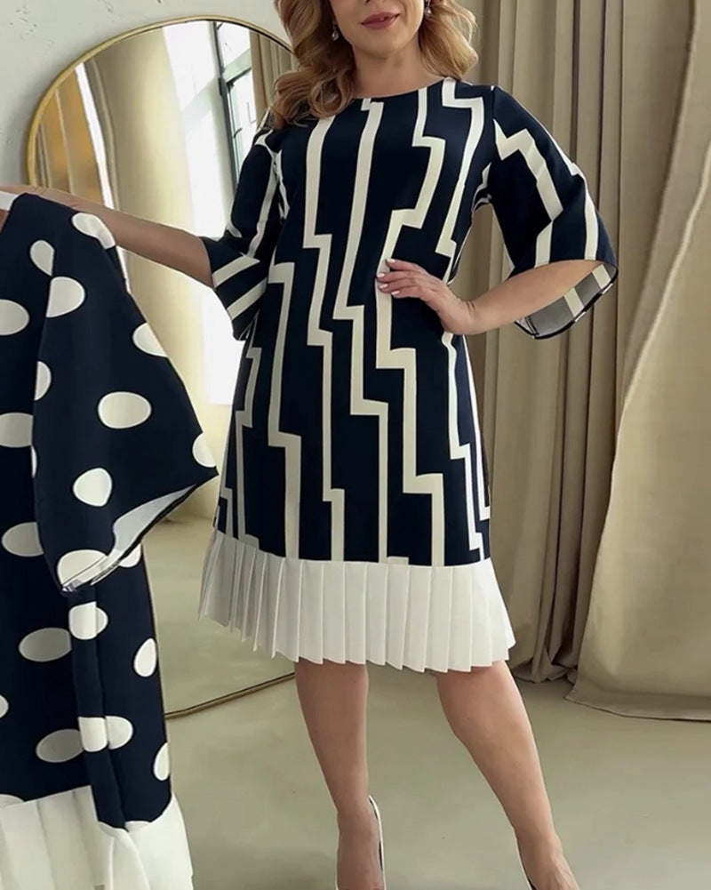 Women's Fashion Striped Stitching Pleated Round Neck Dress