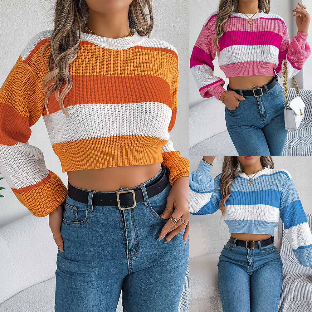 Women's Casual Multicolor Lantern Sleeve Pullover Sweater