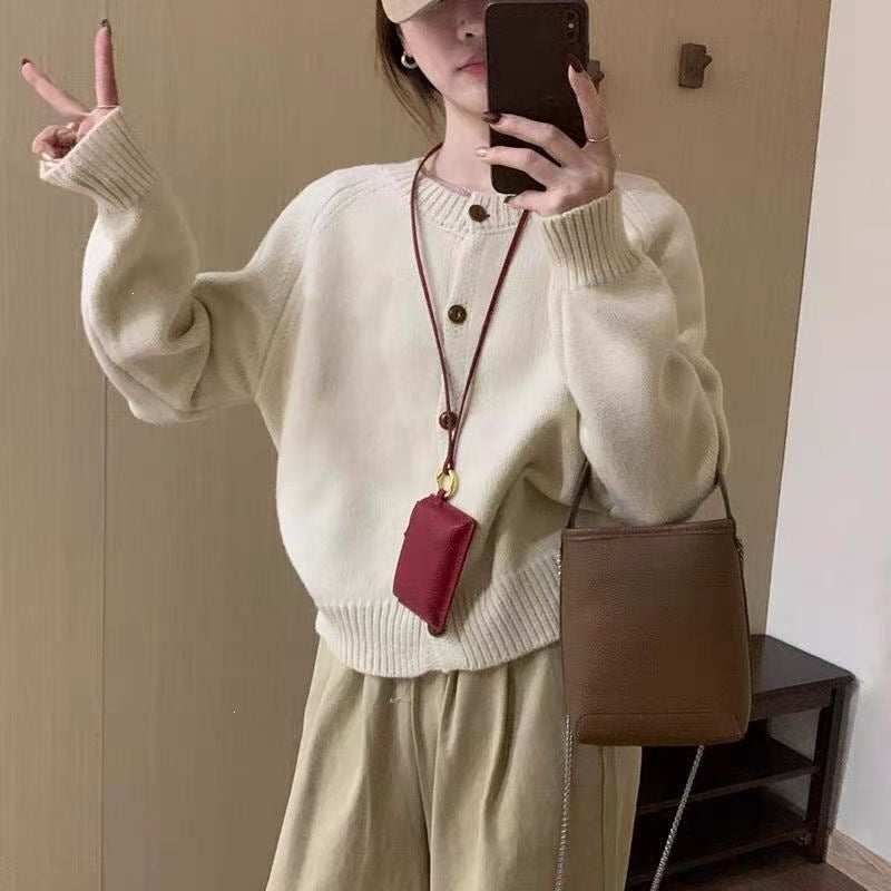 Women's Of Design Round Neck Loose Pure Color Idle Knitwear
