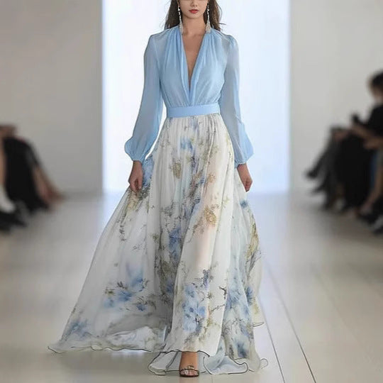 Women's Digital Printing Long Sleeve Collar Patchwork Dress
