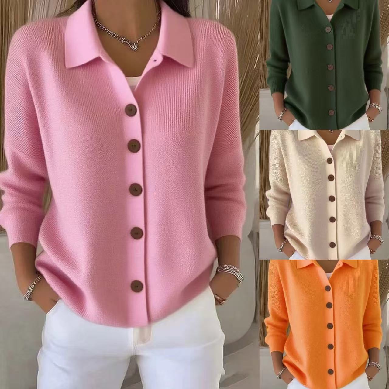 Women's Button Knitted Lapel Solid Color Casual Sweater
