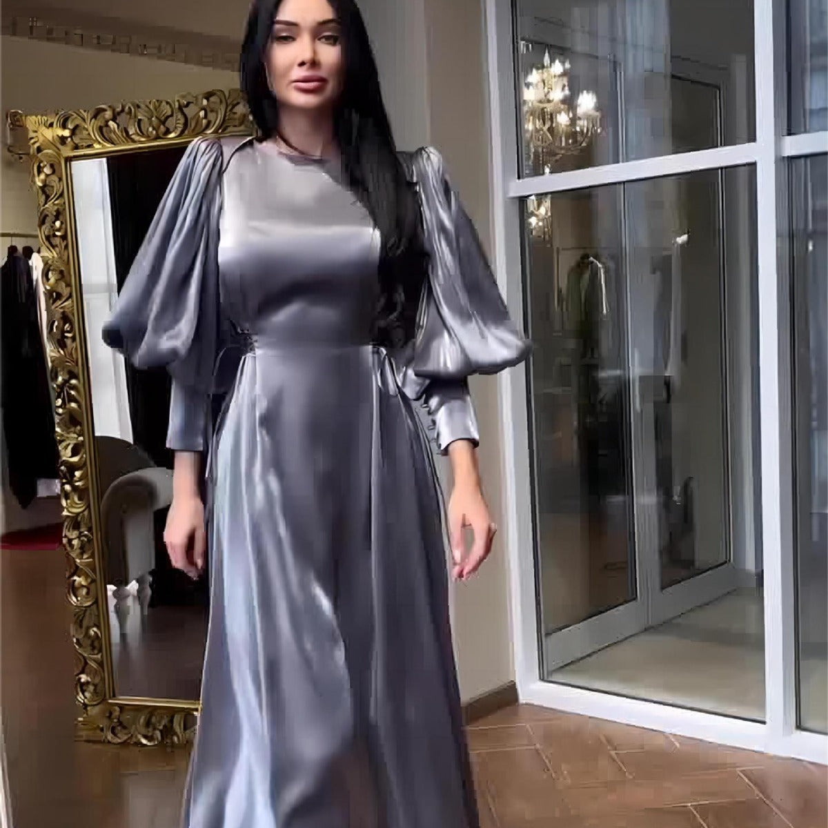 Women's Lantern Sleeve Long Satin Lace Up Dresses