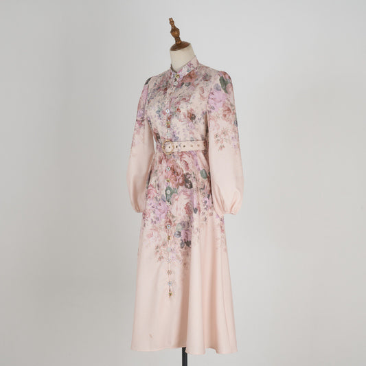 Style Stand-up Collar Puff Sleeve Single-breasted Positioning Dresses