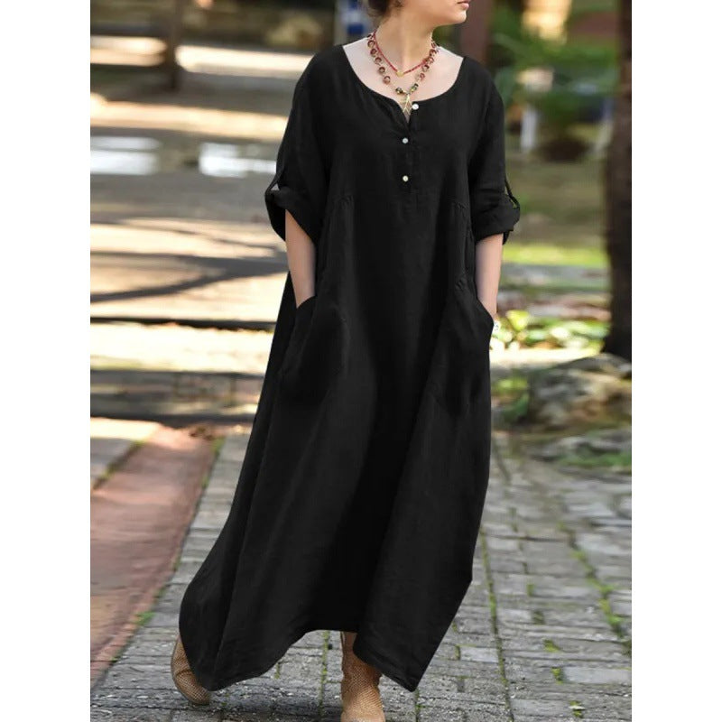 Women's Casual Loose Turned Cuff Long Sleeve Round Neck Dresses