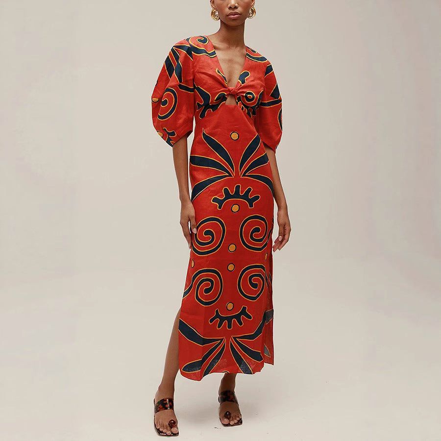 Positioning Printed Linen Dress Casual Vacation Dresses