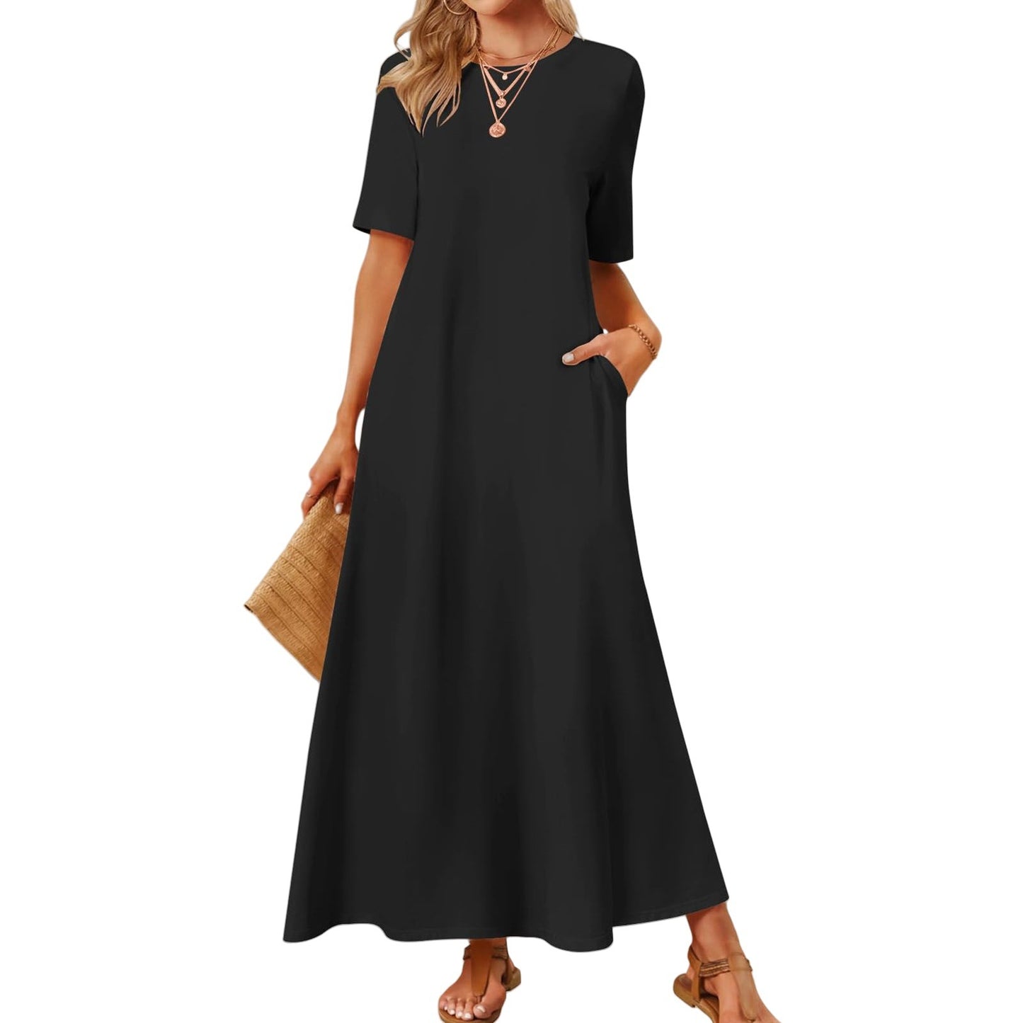 Women's Solid Color Round Neck Pocket Sleeve Dress