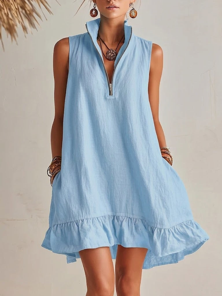 Women's Casual Loose Lotus Leaf Half Zip Dress