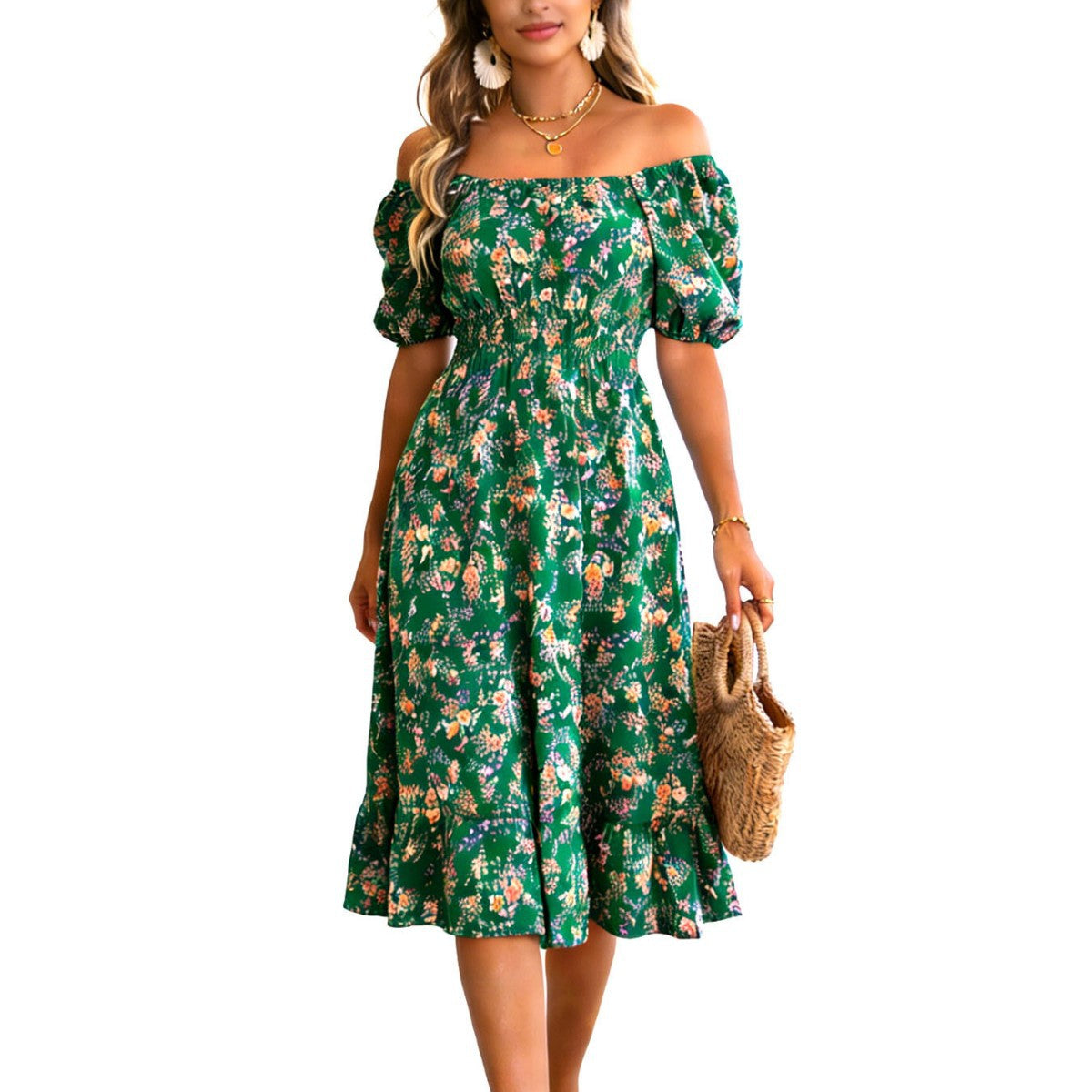 Women's Floral Square Collar Sleeve Ruffled A- Skirts