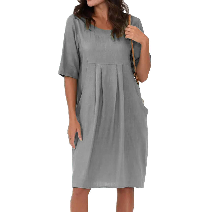 Women's Summer Cotton Linen Pleated Pocket Casual Loose Round Neck Dress