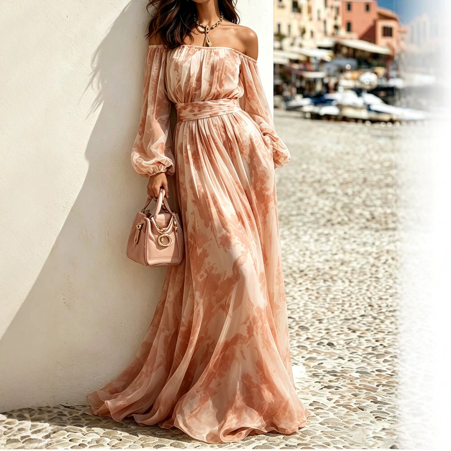 Women's French Style Printed Chiffon Long Sleeve Waist Dress