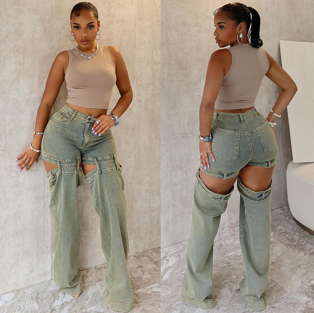 Women's Straight Street Fashion Retro Washed Hollow Jeans