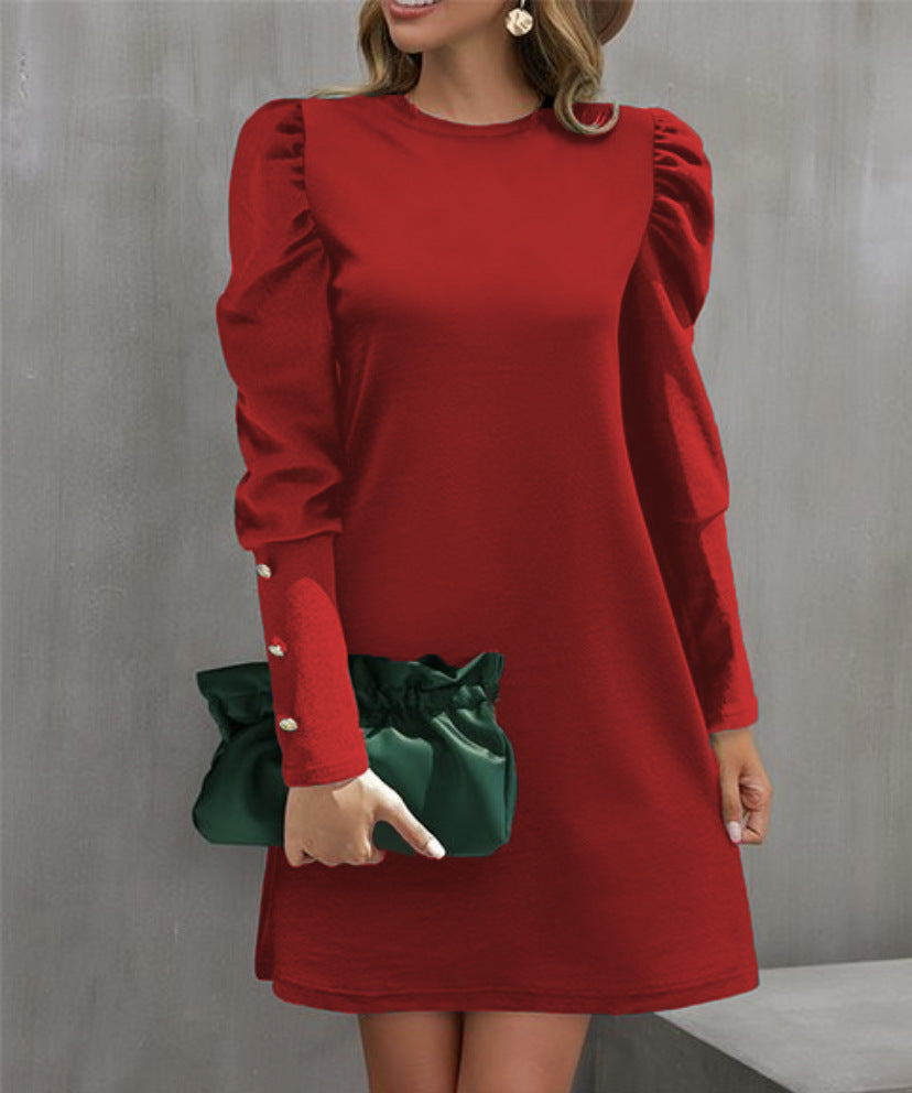 Women's Solid Color Round Neck Bubble Long Dress